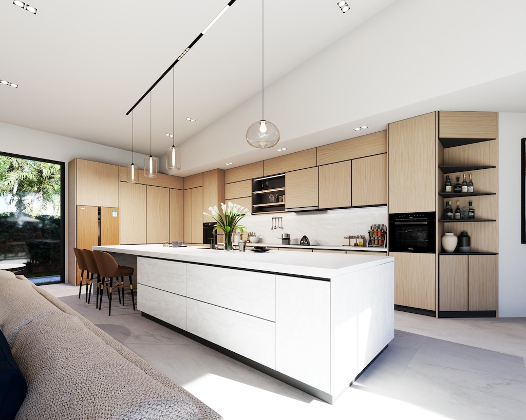 kitchen featuring a kitchen island with sink, decorative light fixtures, oven, and tasteful backsplash