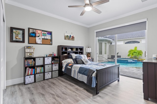 bedroom with ceiling fan, ornamental molding, access to outside, and light hardwood / wood-style flooring