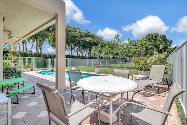 view of pool featuring ceiling fan and a patio area