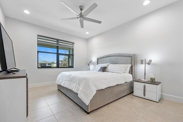 tiled bedroom with ceiling fan