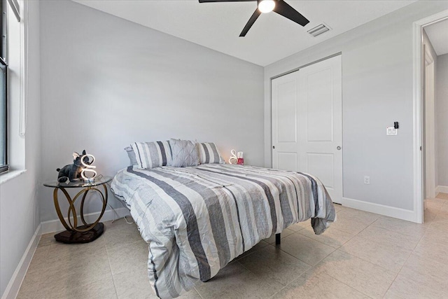 bedroom with ceiling fan and a closet