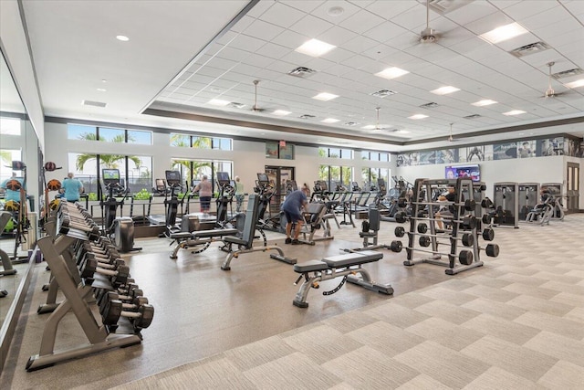 workout area with a wealth of natural light, a drop ceiling, and ceiling fan