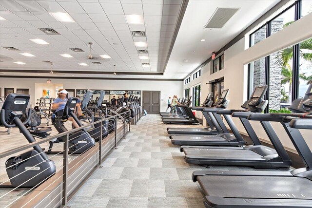 gym with a paneled ceiling and light colored carpet