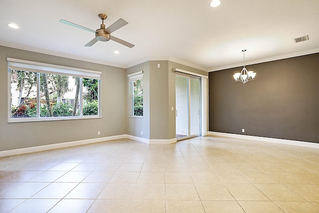 tiled living room featuring ceiling fan and ornamental molding