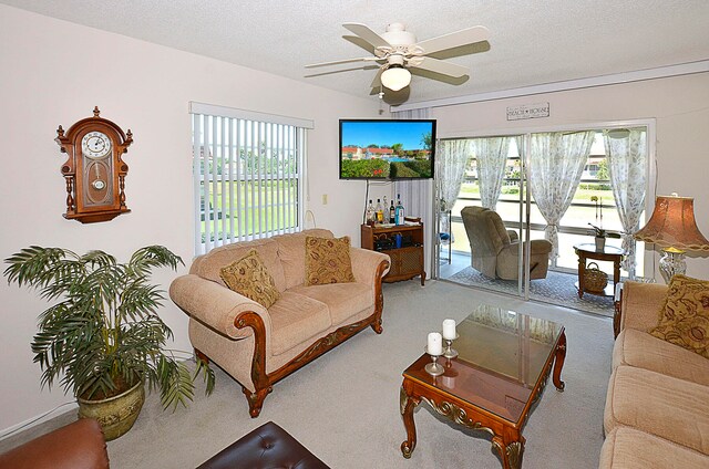 living room with ceiling fan, a textured ceiling, and carpet floors