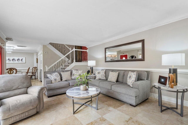 living room with ornamental molding