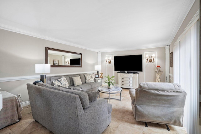 living room featuring crown molding