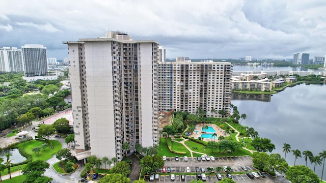 bird's eye view with a water view