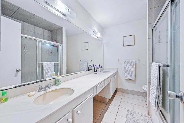 bathroom with tile patterned flooring, toilet, walk in shower, and vanity