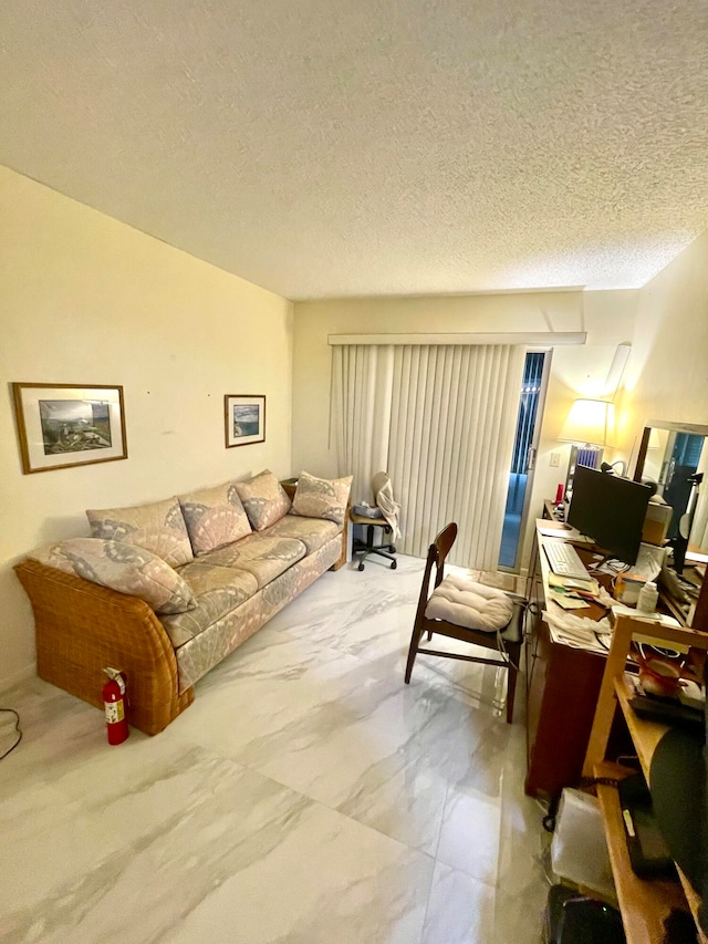 living room with a textured ceiling