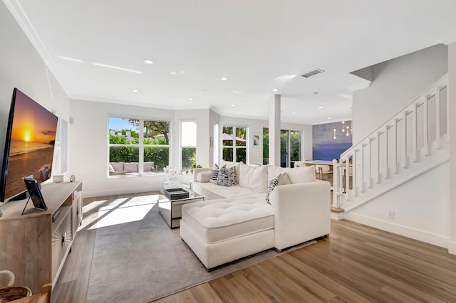 living room with ornamental molding and wood-type flooring