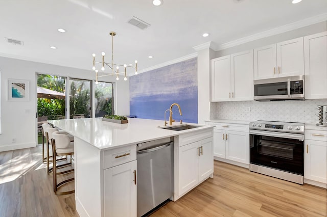 kitchen featuring a center island with sink, sink, appliances with stainless steel finishes, and white cabinetry