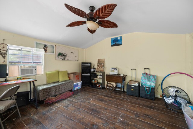 interior space featuring vaulted ceiling, ceiling fan, and dark hardwood / wood-style flooring