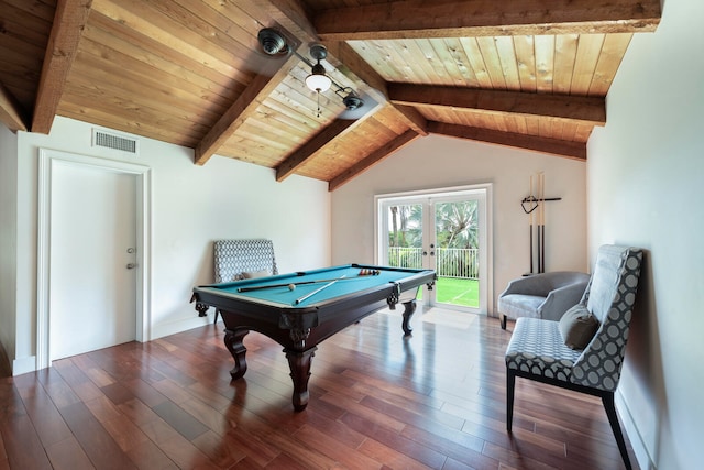 rec room with lofted ceiling with beams, wooden ceiling, and wood-type flooring