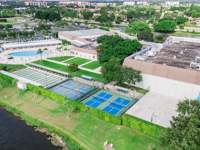 birds eye view of property featuring a water view