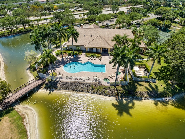 birds eye view of property featuring a water view