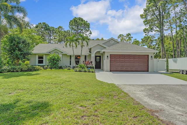 ranch-style home featuring a front yard and a garage