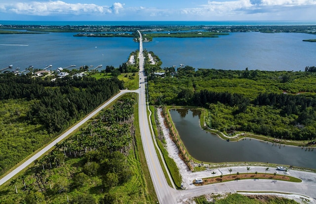 birds eye view of property with a view of trees and a water view