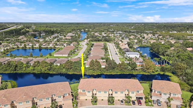 drone / aerial view featuring a water view