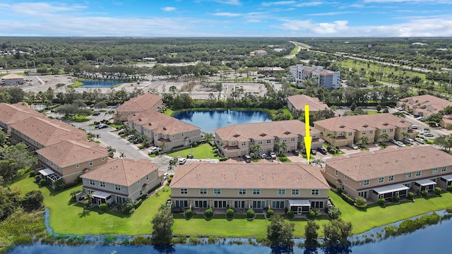 drone / aerial view featuring a water view