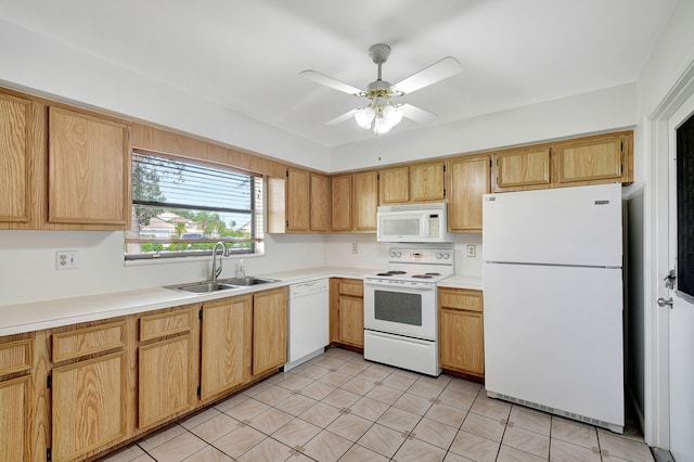 kitchen featuring ceiling fan, white appliances, sink, and light tile patterned floors