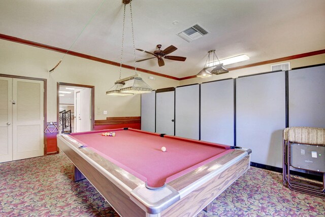 rec room featuring ceiling fan, crown molding, and billiards