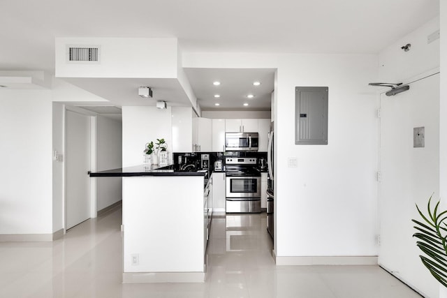 1000 W Ave Unit 502, Miami Beach, FL 33139 - kitchen with electric panel, stainless steel appliances, white cabinets, a peninsula, and recessed lighting