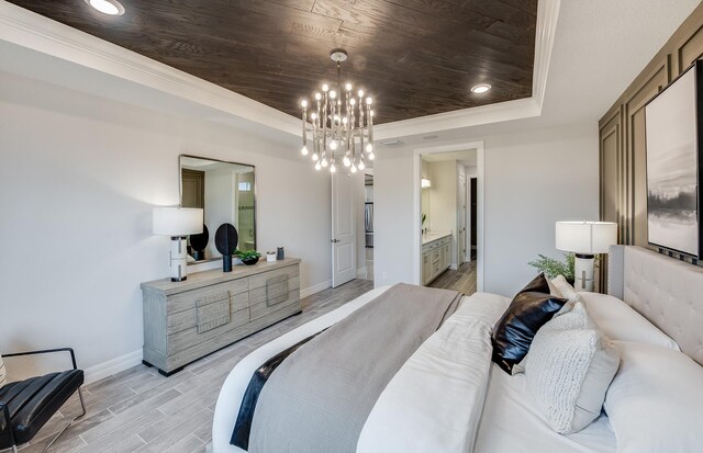 bedroom with a raised ceiling, crown molding, wood ceiling, and light hardwood / wood-style flooring