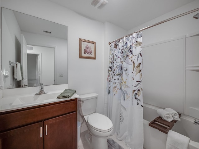 full bathroom with shower / bath combination with curtain, toilet, and vanity