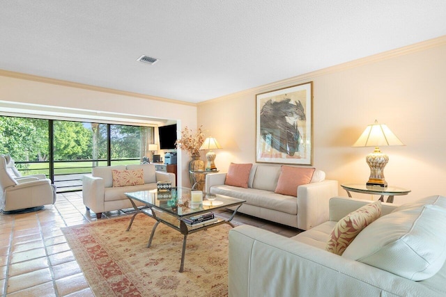 living room featuring crown molding and a textured ceiling