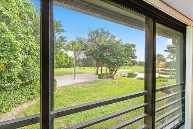 entryway with a water view