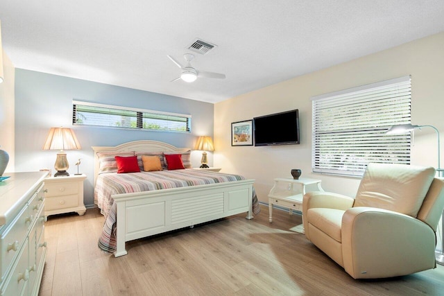 bedroom with ceiling fan and light wood-type flooring