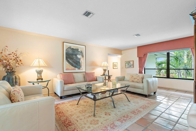 living room featuring crown molding and a textured ceiling