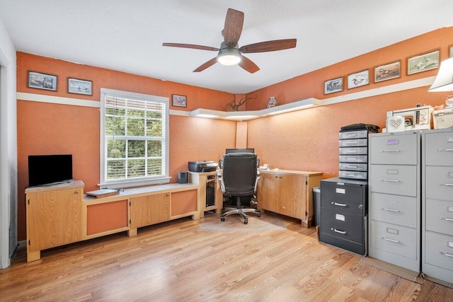 office area with ceiling fan and light hardwood / wood-style flooring