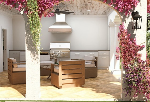 interior space featuring grilling area, outdoor lounge area, exterior kitchen, and a ceiling fan