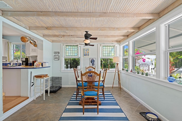 tiled dining space with wooden ceiling, a sink, visible vents, baseboards, and beamed ceiling