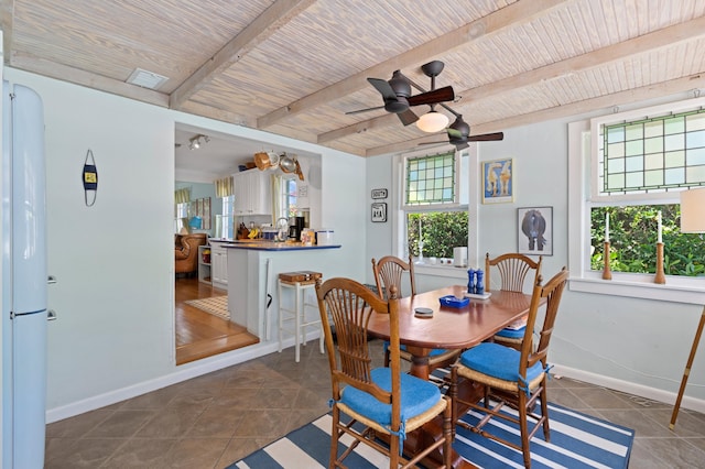 dining area with visible vents, tile patterned flooring, wooden ceiling, beamed ceiling, and baseboards