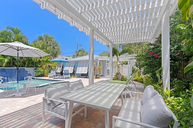 view of patio / terrace featuring an outdoor pool, a fenced backyard, an outdoor structure, and a pergola