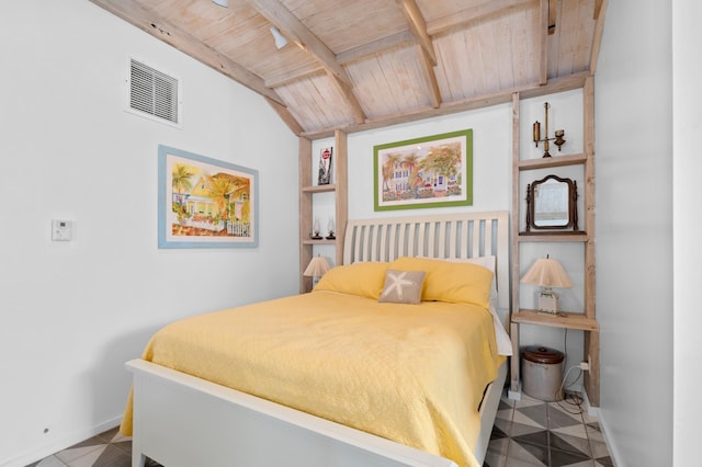 bedroom featuring lofted ceiling with beams, wooden ceiling, baseboards, and visible vents