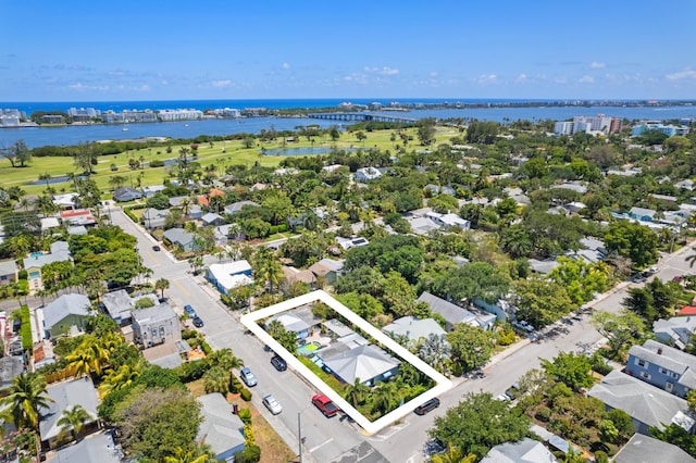 drone / aerial view featuring a water view