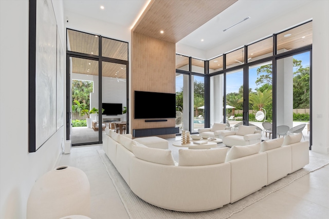 living room with expansive windows, a wealth of natural light, and a towering ceiling