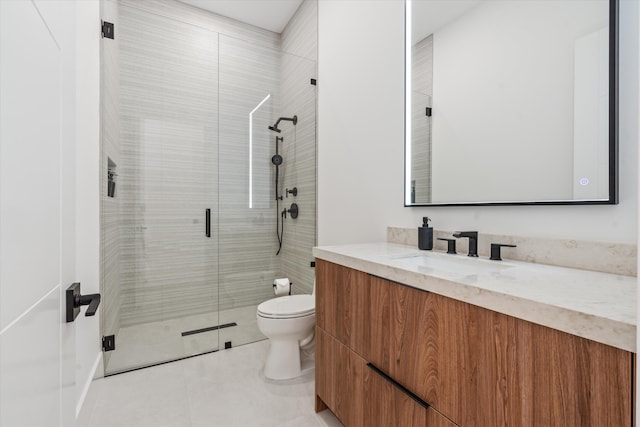 bathroom with tile patterned flooring, vanity, toilet, and an enclosed shower