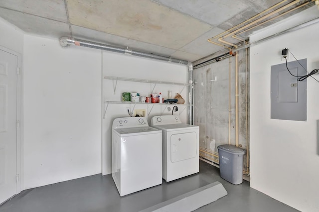 laundry room featuring electric panel, laundry area, and washing machine and clothes dryer