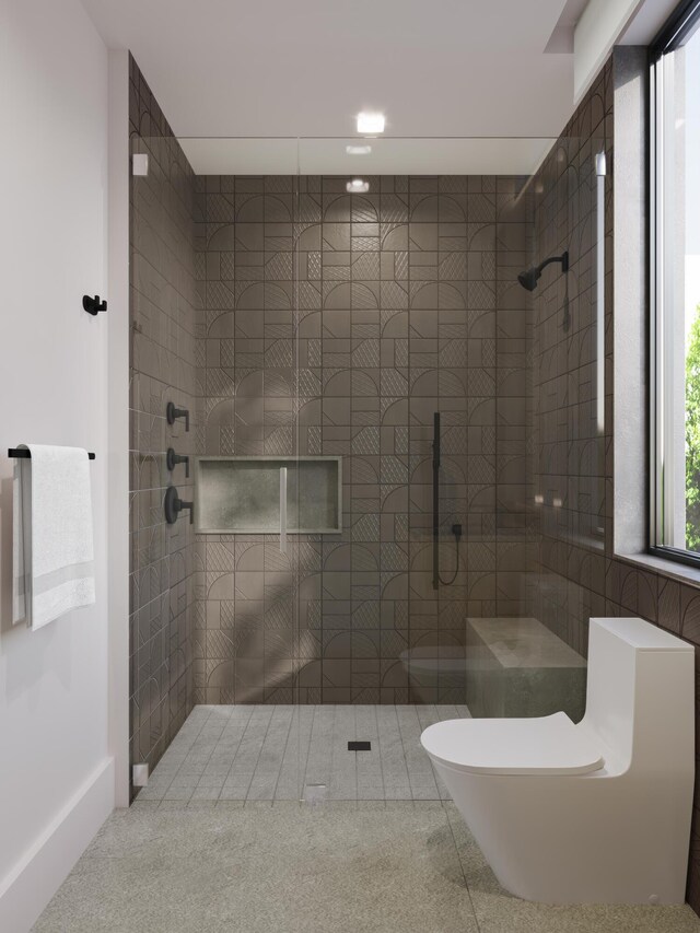 full bathroom with plenty of natural light, walk in shower, and toilet