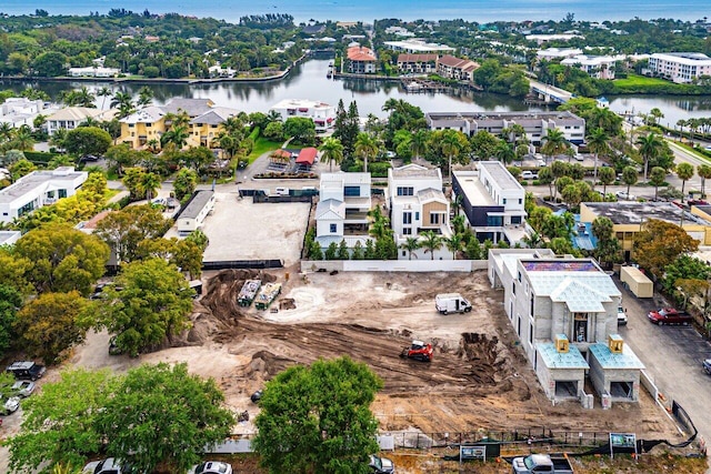 aerial view with a residential view and a water view