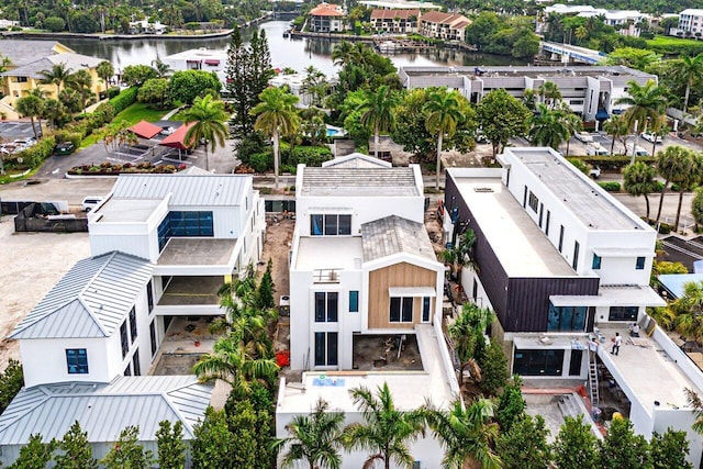 aerial view featuring a water view