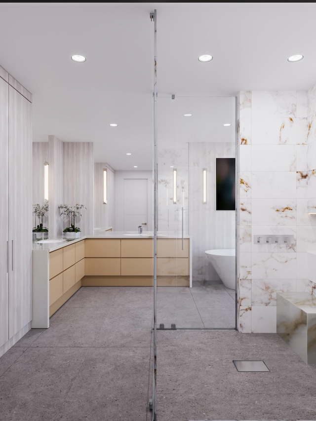 full bath with vanity, recessed lighting, a shower stall, and a freestanding bath