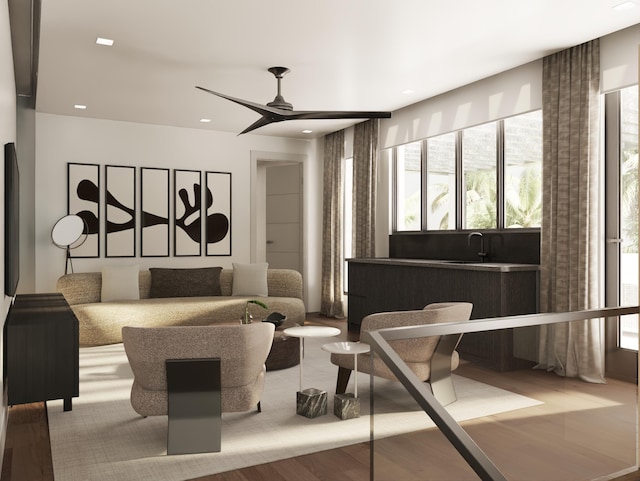 living room with ceiling fan and wood-type flooring