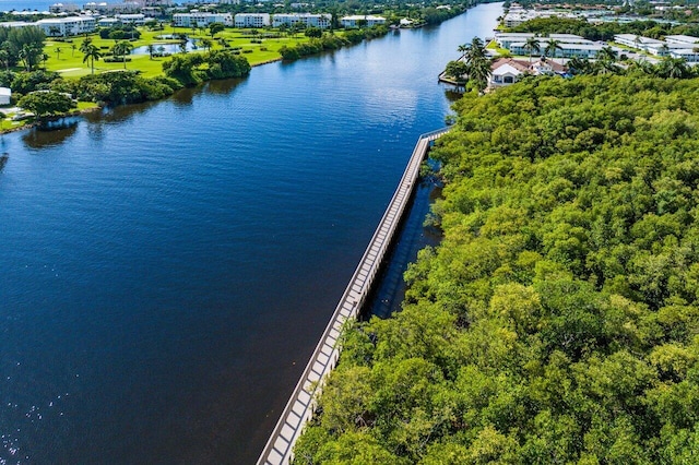 birds eye view of property featuring a water view