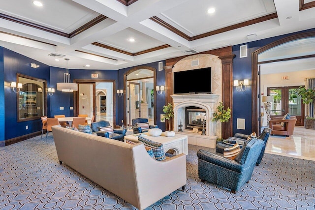 carpeted living room featuring beamed ceiling, french doors, ornamental molding, and coffered ceiling